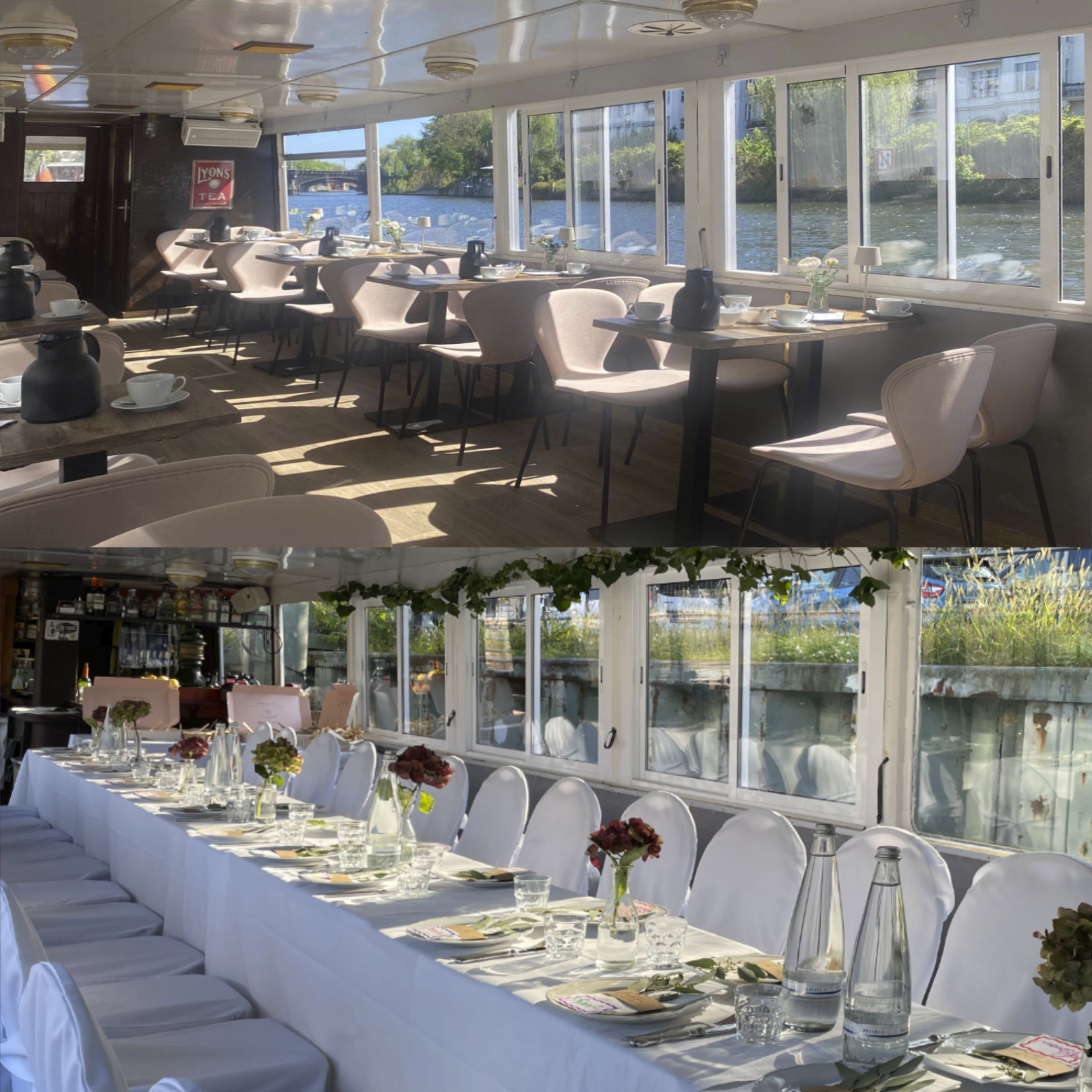 Festlich eingedeckter Salon der MS Saga mit Panoramafenstern