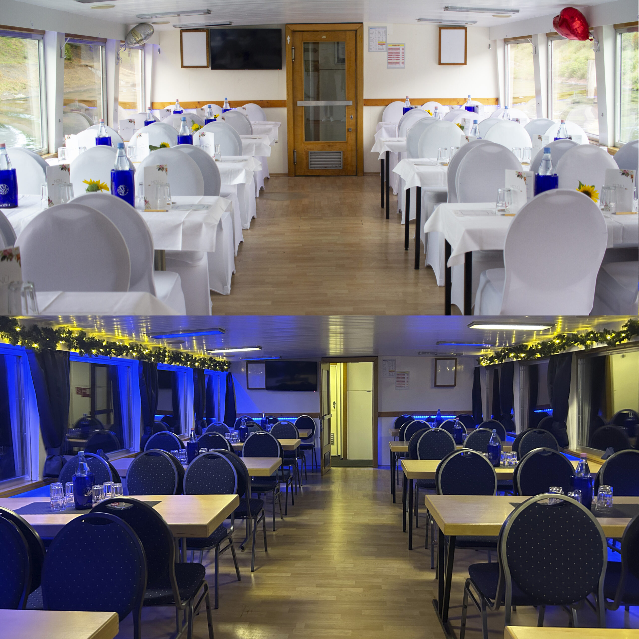 Der Salon der MS Hamburg, festlich eingedeckt für eine Veranstaltung