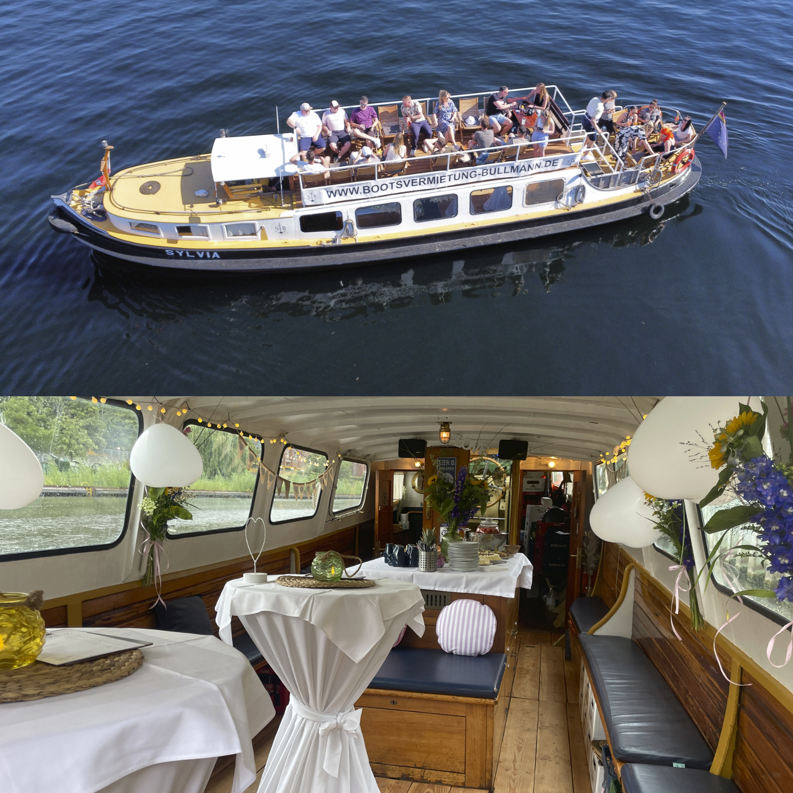 Die MS Sylvia auf dem Müggelsee und ihr dekorierter Innenraum