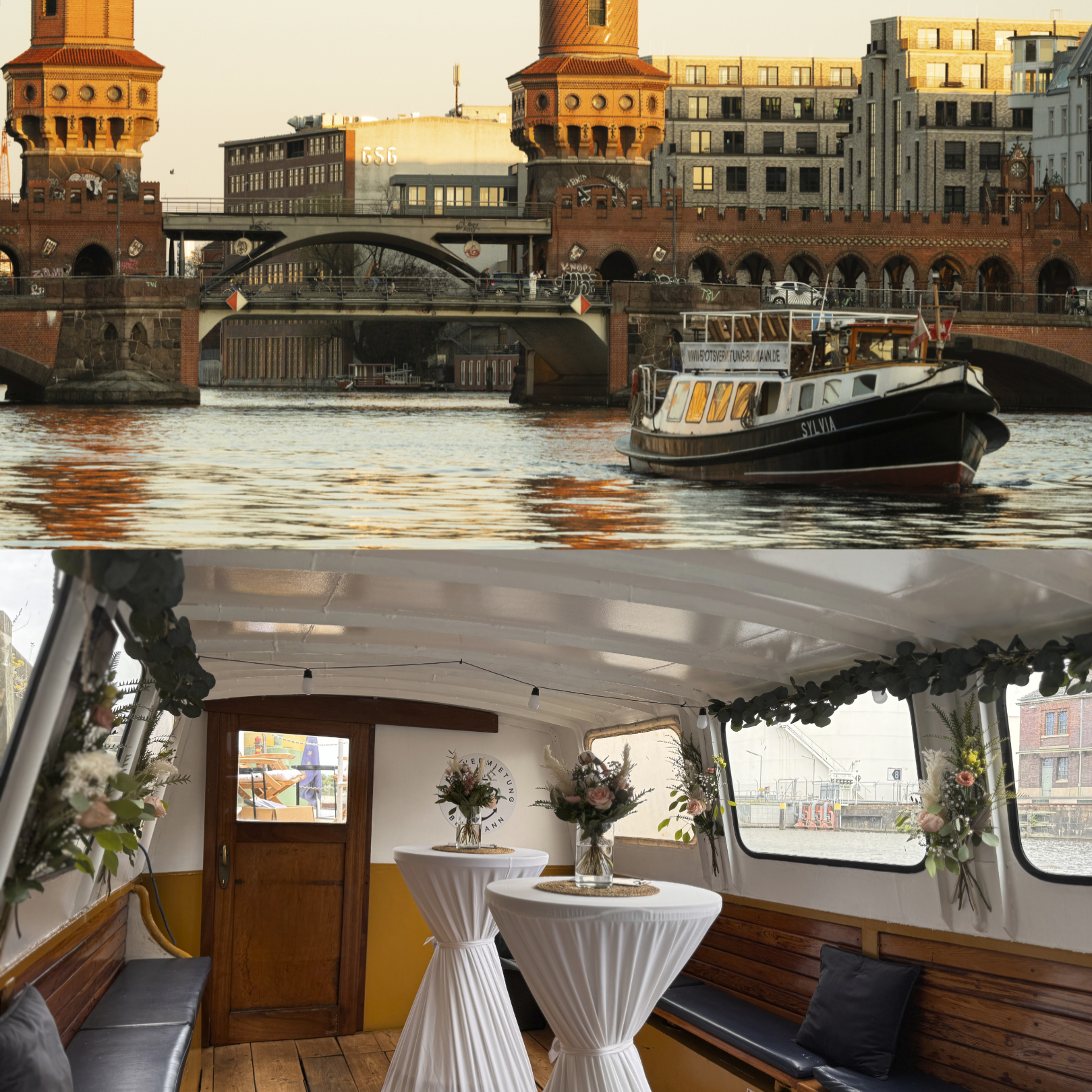 Die MS Sylvia an der Oberbaumbrücke und ihr festlich geschmückter Salon