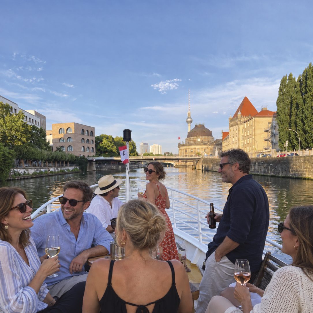 Charterfahrt Berlin Innenstadt: Gäste stoßen an Deck an, im Hintergrund Bode-Museum und Fernsehturm
