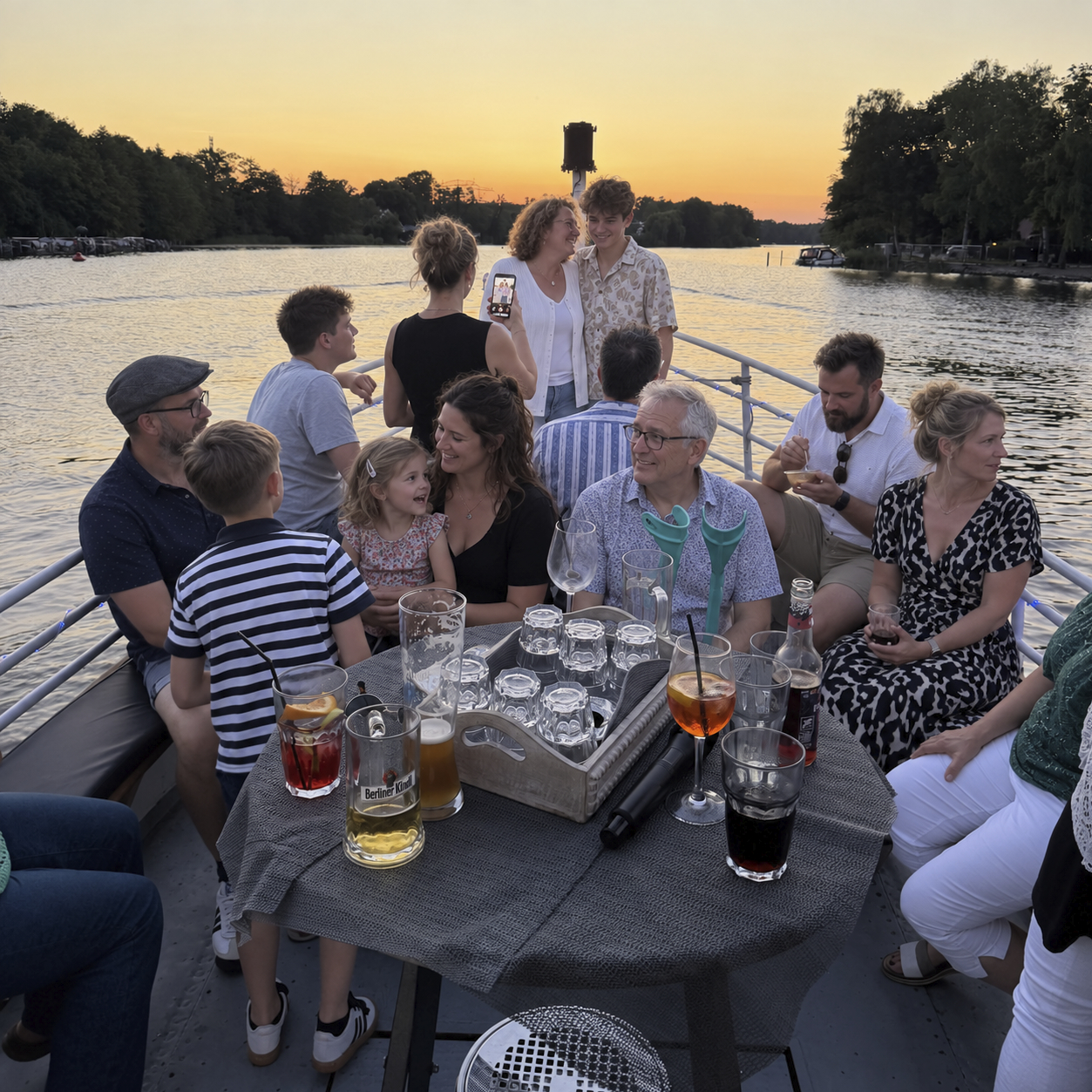 Familie mit Kindern sitzt gemeinsam an einem Tisch an Deck der MS Saga, im Hintergrund Sonnenuntergang über dem Wasser