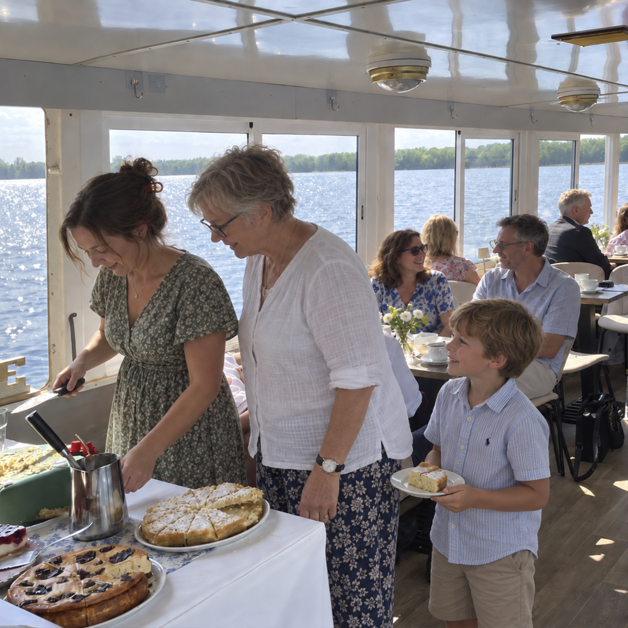 Kaffeetafel bei einer Familienfeier im Salon der MS Saga: Gäste bedienen sich am Kuchenbuffet
